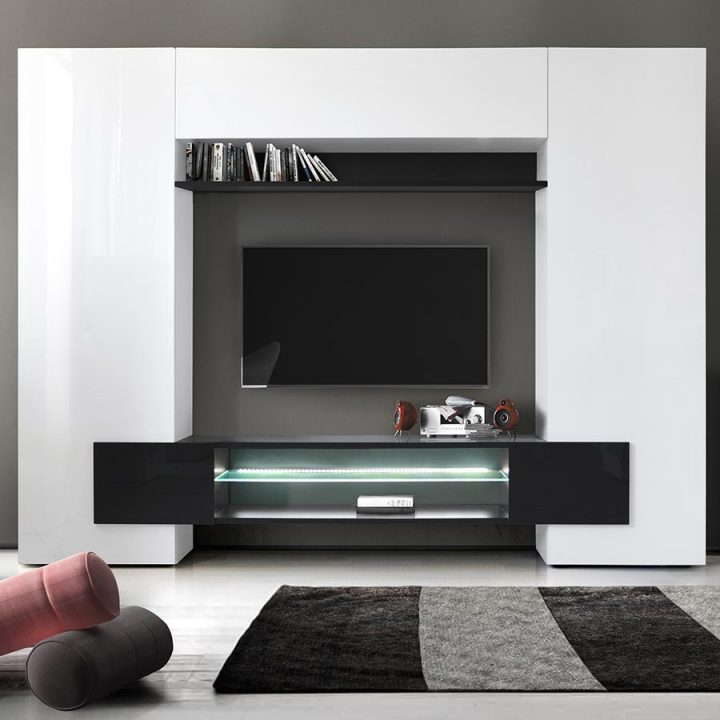 Meuble Tv Mural Laqué Blanc Et Noir Eros 3 concernant Meuble Tv Mural Design Italien