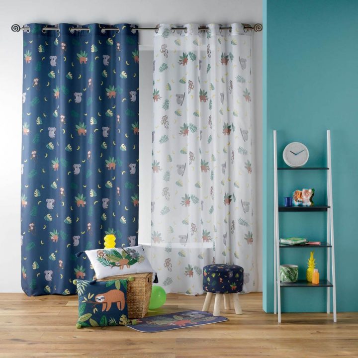 Rideau À Œillets Marley Motif Exotique Singe Koala Bleu concernant Rideau De Porte Lanière Plastique Gifi