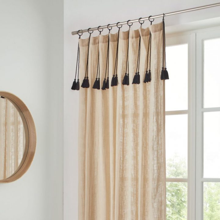 Rideau Double Gaze De Coton Gauffré Avec Pompons destiné Rideau Gaze De Coton Bouchara