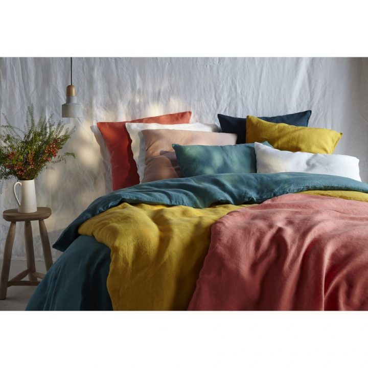 Taie D'Oreiller Unie En Lin Lavé 165Gr Rose Pâle avec Tete De Lit Bouchara Eurodif