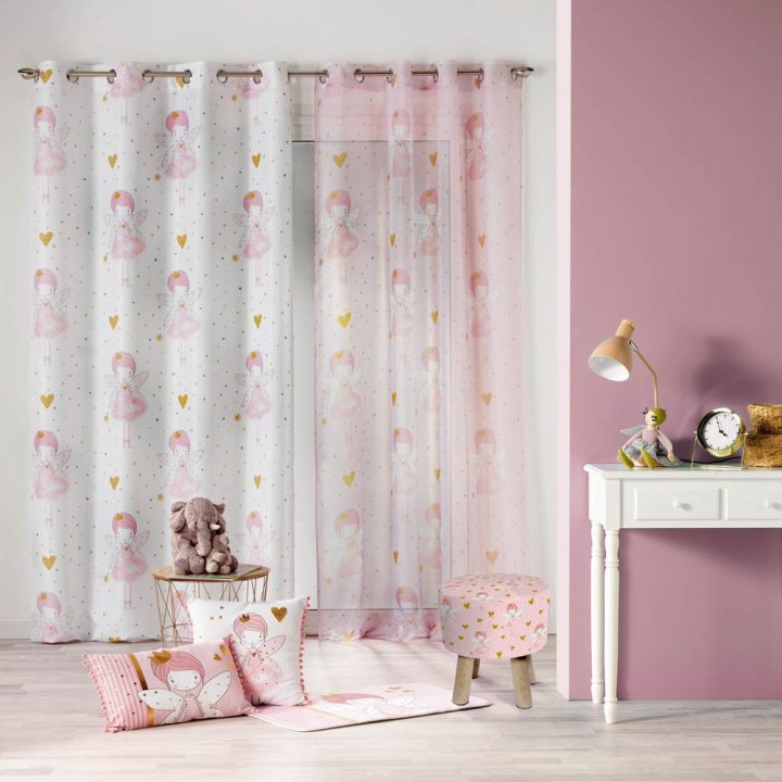 Voilage À Œillets Rosaline Motif Fée Et Cœur Rose Blanc Or serapportantà Rideau De Porte Lanière Plastique Gifi