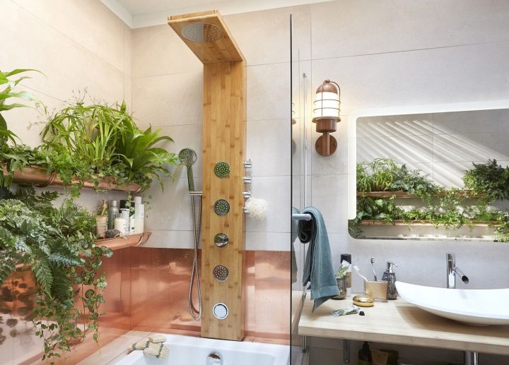 Colonne De Douche En Bois Dans Une Salle De Bains Végétale pour Colonne De Douche Bambou Leroy Merlin Colonne De Douche En Bois Dans Une Salle De Bains Végétale pour Colonne De Douche Bambou Leroy Merlin