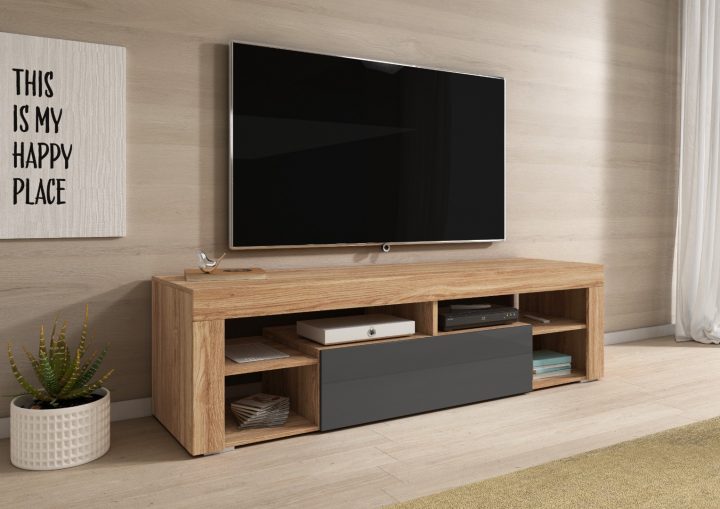 E-Com Meuble Tv Titan – 140 Cm – Wotan Chêne Et Gris à Meuble Tv – Conforama