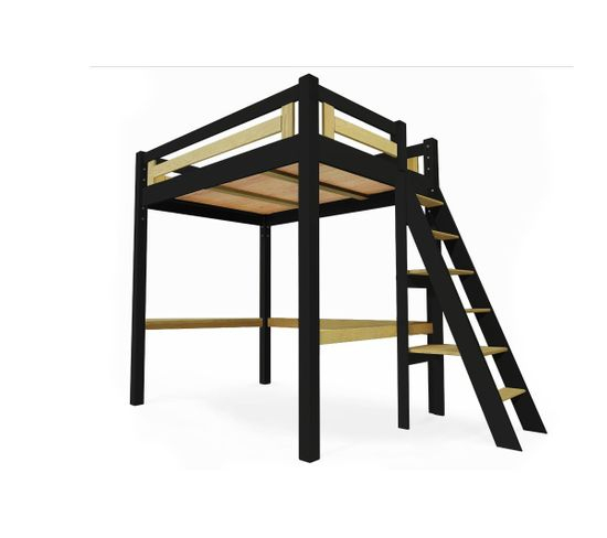 Lit Mezzanine Alpage Bois + Échelle Hauteur Réglable, Couleur: Noir/Miel,  Dimensions: 120X200 intérieur Rideau Pour Lit Mezzanine But