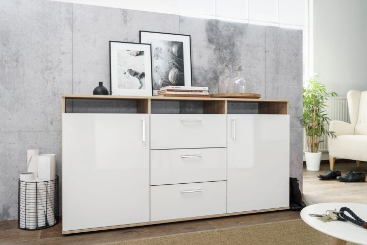 Meuble De Rangement Contemporain 2 Portes/3 Tiroirs Blanc destiné Bahut Blanc Laqué Ikea