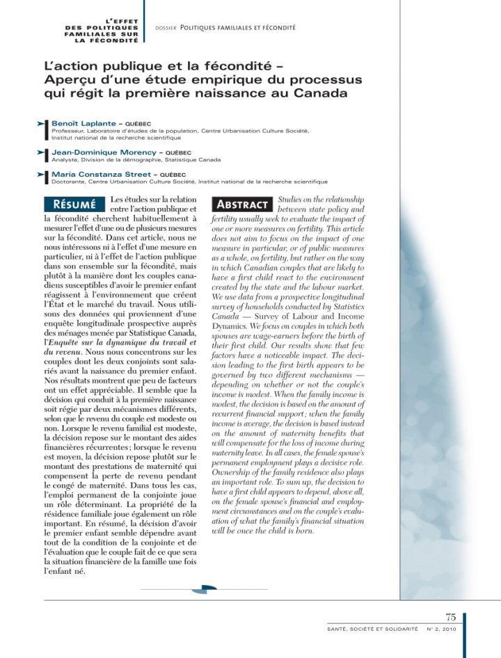 Pdf) L'Action Publique Et La Fécondité. Aperçu D'Une Étude avec Marie Eve Morency Naissance