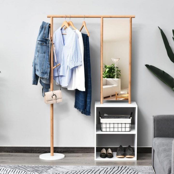 Porte-Manteaux Meuble D'Entrée Vestiaire Penderie Avec Miroir 4 Patères 2  Niches Dim. 100L X 34L X 164H Cm Mdf Blanc Bois Massif Bambou à Meuble Vestiaire Entrée Gifi