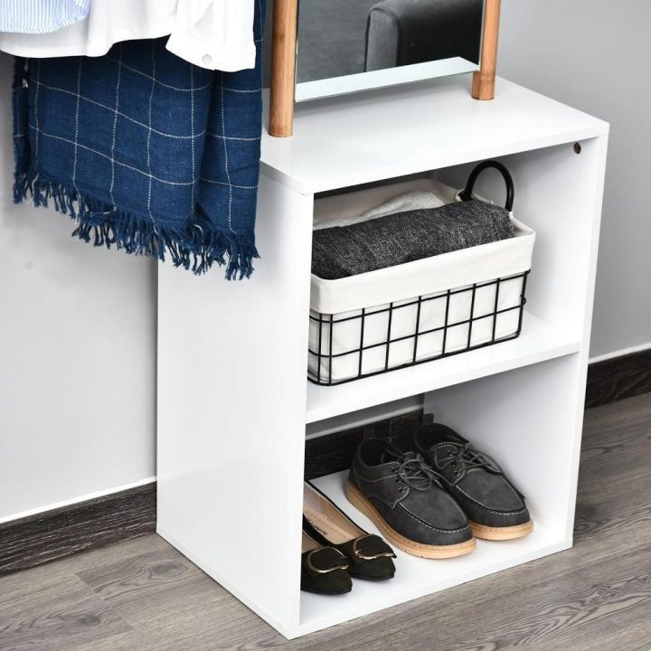 Porte-Manteaux Meuble D'Entrée Vestiaire Penderie Avec Miroir 4 Patères 2  Niches Dim. 100L X 34L X 164H Cm Mdf Blanc Bois Massif Bambou dedans Meuble Vestiaire Entrée Gifi