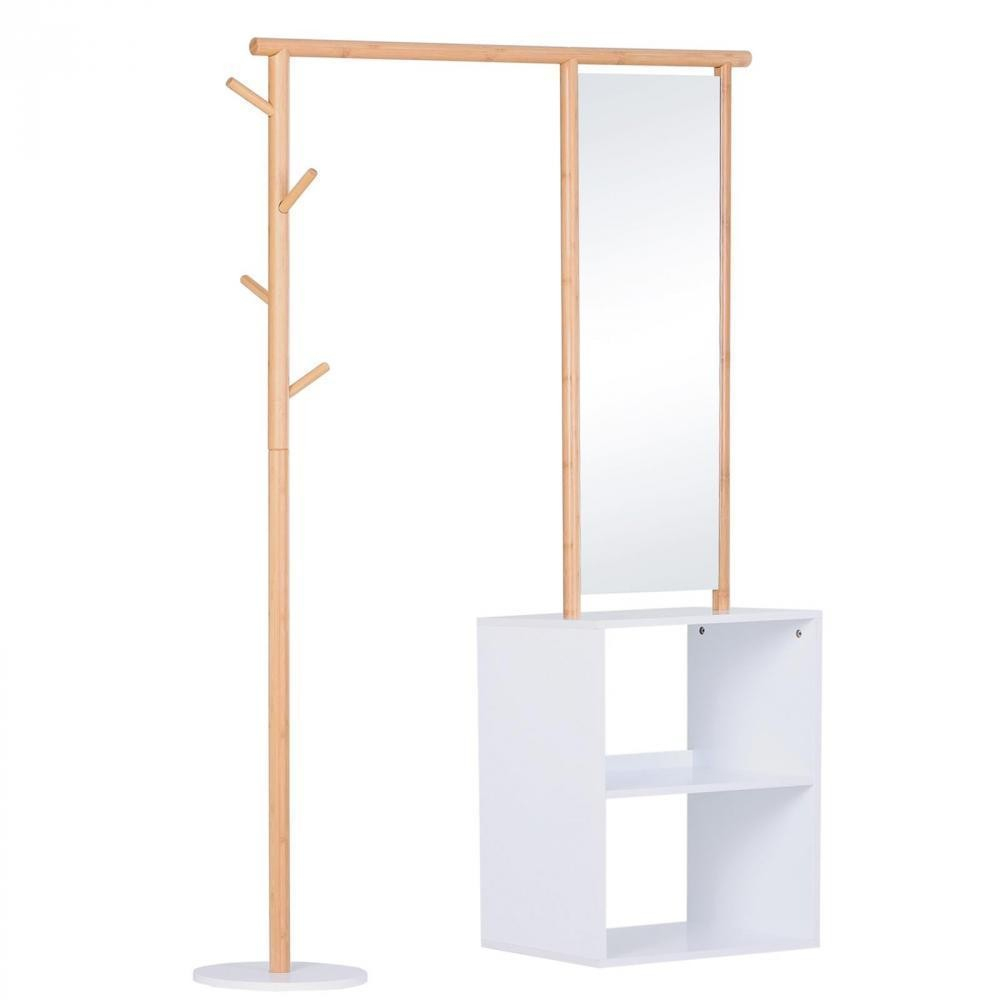 Porte-Manteaux Meuble D'Entrée Vestiaire Penderie Avec Miroir 4 Patères 2  Niches Dim. 100L X 34L X 164H Cm Mdf Blanc Bois Massif Bambou destiné Meuble Vestiaire Entrée Gifi