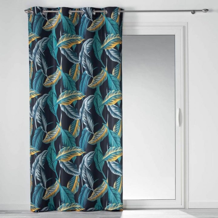 Rideau À Œillets Jungola Motif Feuillage Exotique Bleu Jaune dedans Rideau Perle Bois Gifi