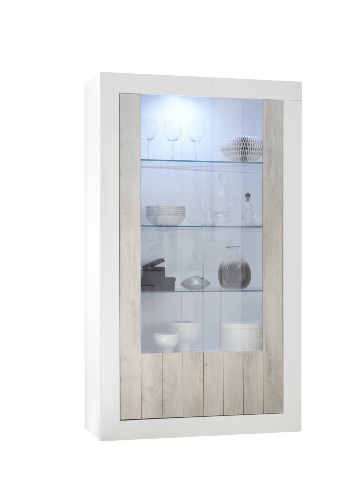 Subleem Vitrine 110 Cm 2 Portes Bronte Blanc Laqué Brillant Et Chêne Pino destiné Vitrine En Verre Conforama