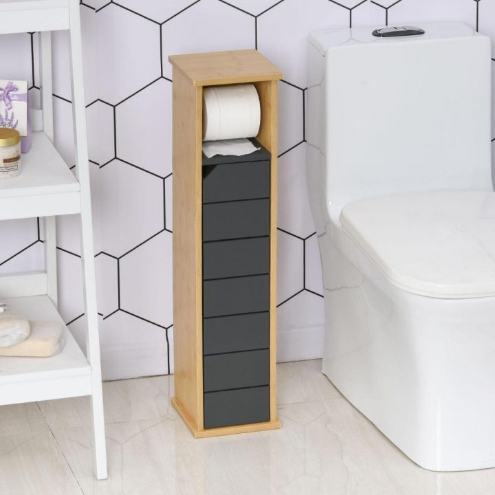 Support Papier Toilette – Porte-Papier Toilette – Armoire Pour Papier  Toilette – 2 Niveaux + Sortie Papier Mdf Gris Bambou serapportantà Dérouleur Papier Wc Gifi