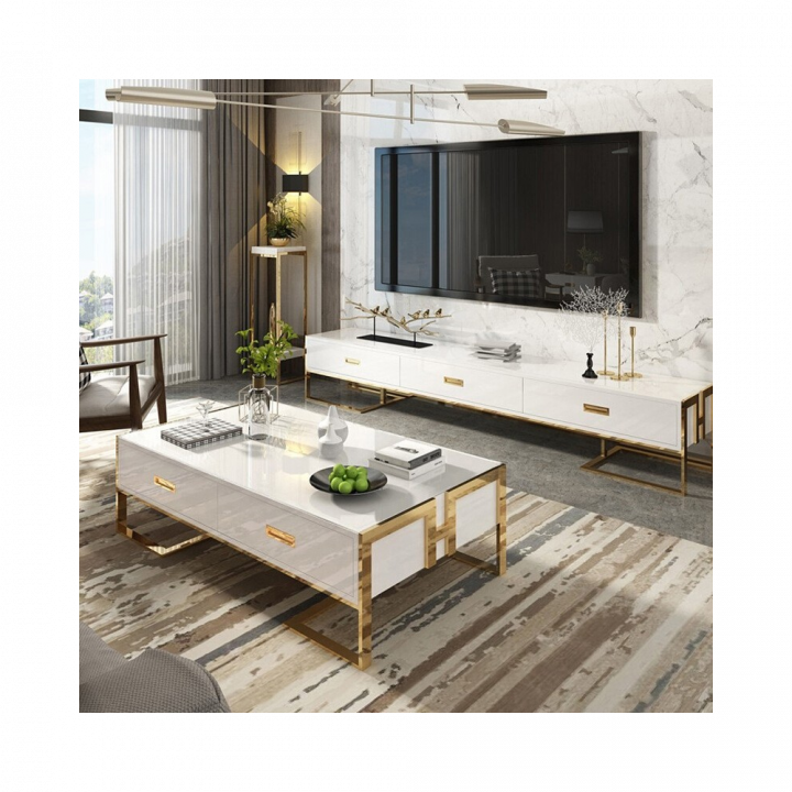 meuble tv doré et blanc