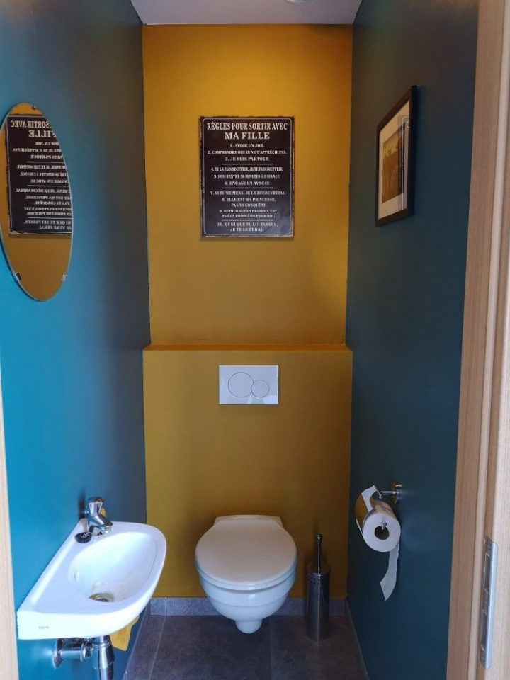 Décoration Toilettes : Jaune Moutarde Et Bleu Canard serapportantà Peinture Toilette Tendance