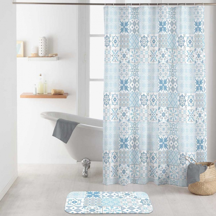 Rideau De Douche Effet &quot;Carreaux De Ciment&quot; (Bleu avec Rideau De Douche Centrakor