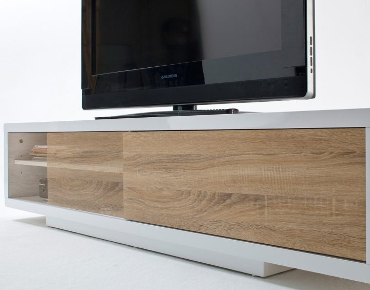 Meuble Banc Tv Design Genova Décor Blanc Et Bois – Maison serapportantà Meuble Tv Blanc Sur Pied