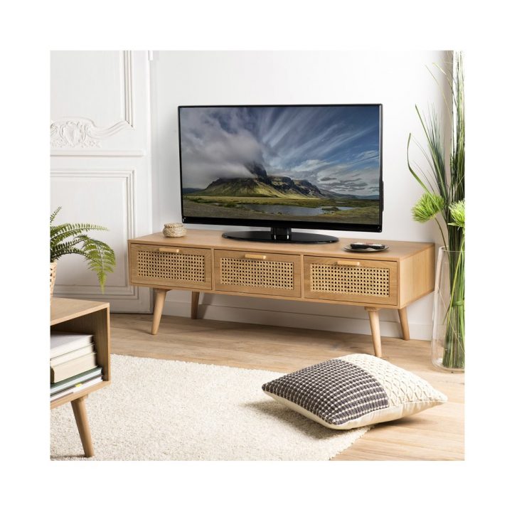 Meuble Tv 3 Couleurs En Rotin Et Bois Naturel – Maguy à Meuble Tv Rotin Ikea