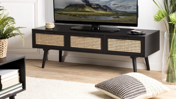Meuble Tv 3 Tiroirs En Bois Noir Et Rotin – Collection serapportantà Meuble Tv Rotin Ikea
