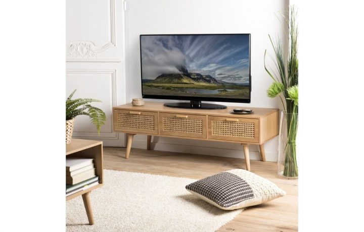 Meuble Tv Couleur Naturel 3 Tiroirs Cannage Rotin Rodrigo concernant Meuble Tv Rotin Ikea