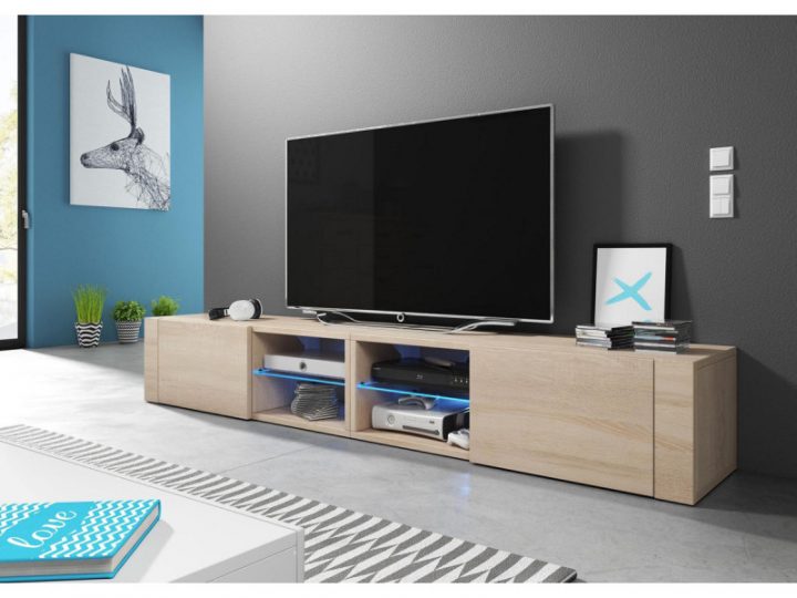 Meuble Tv Double Sonoma Jasna Avec Led Bleu – L 200 X P 30 encequiconcerne Photos Avec Meuble Tv Alphonse De Chez But