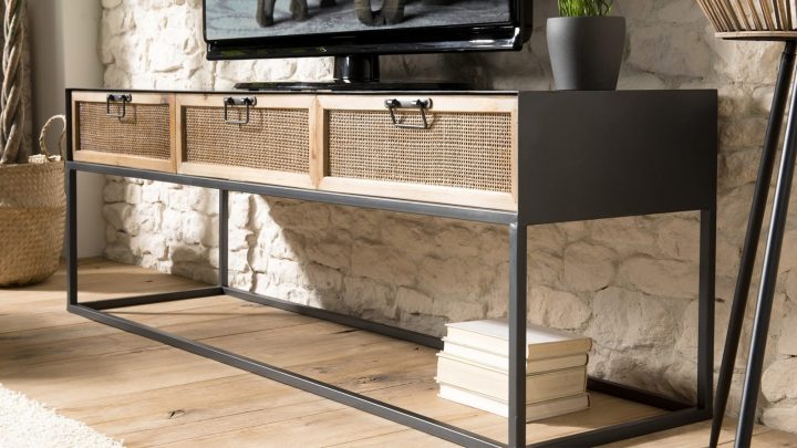 Meuble Tv En Métal Noir 3 Tiroirs En Rotin – Collection destiné Meuble Tv Rotin Ikea