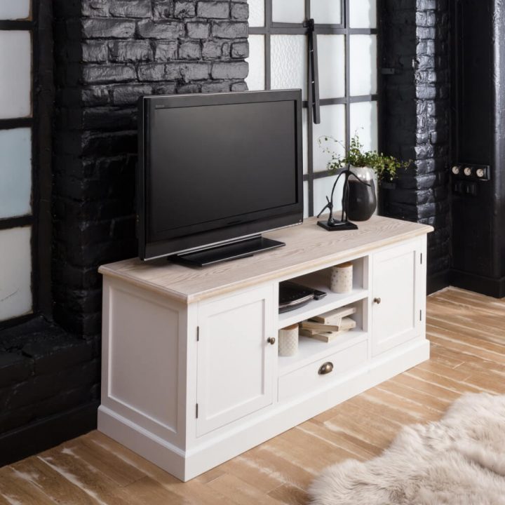 Meuble Tv Mdf Blanc, 2 Portes 2 Niches 1 Tiroir – Made In pour Meuble Tv Blanc Sur Pied