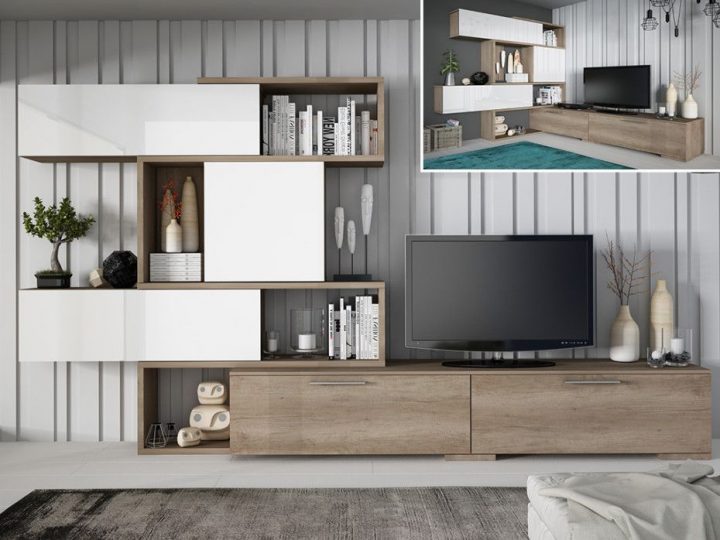 Mur Tv Modulable Nicosia Avec Rangements – Chêne & Blanc serapportantà Ikea Lejongap Blanc Cyprus