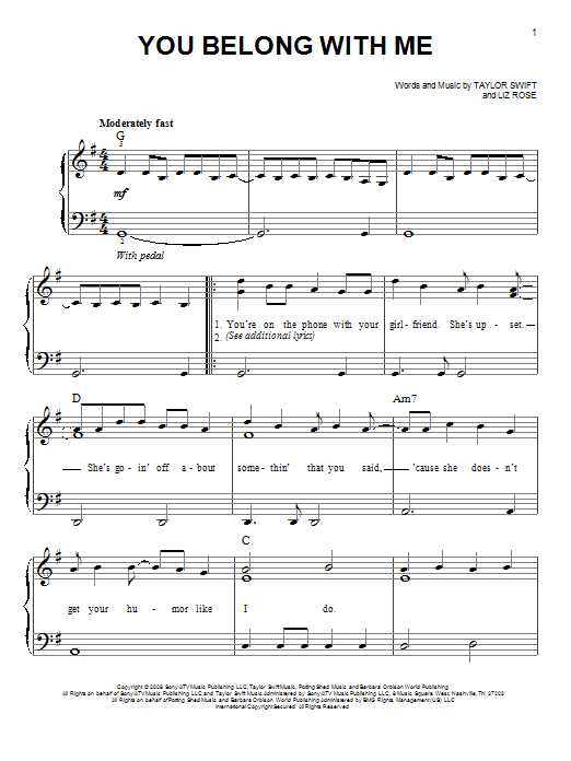 You Belong With Me Sheet Music By Taylor Swift (Easy Piano pour Installer Mebegener