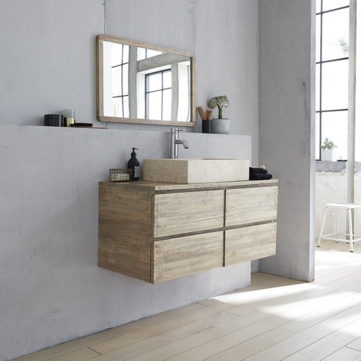 Meuble De Salle De Bain Suspendu En Bois D'Hévéa 100 | Bois Dessus Bois à Ixina Mobilier Salle De Bains