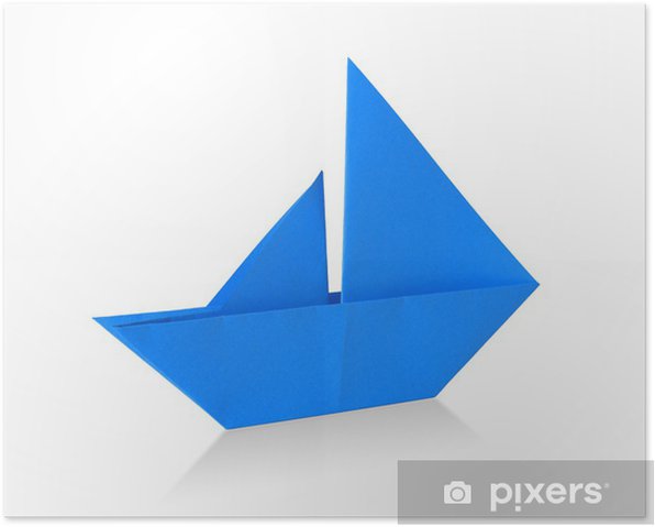 Poster Blau Origami Segelboot - PIXERS.DE