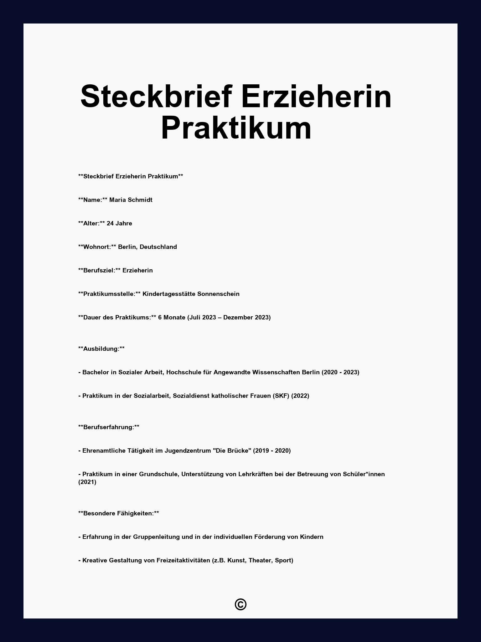  Steckbrief Erzieherin Praktikum Motiv 