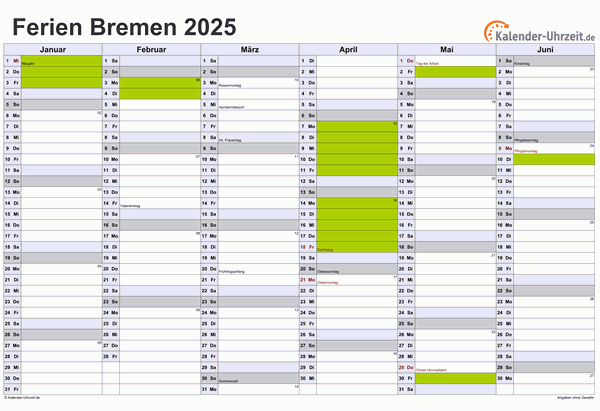  Ferien Bremen 2025 - Ferienkalender zum Ausdrucken Motiv 