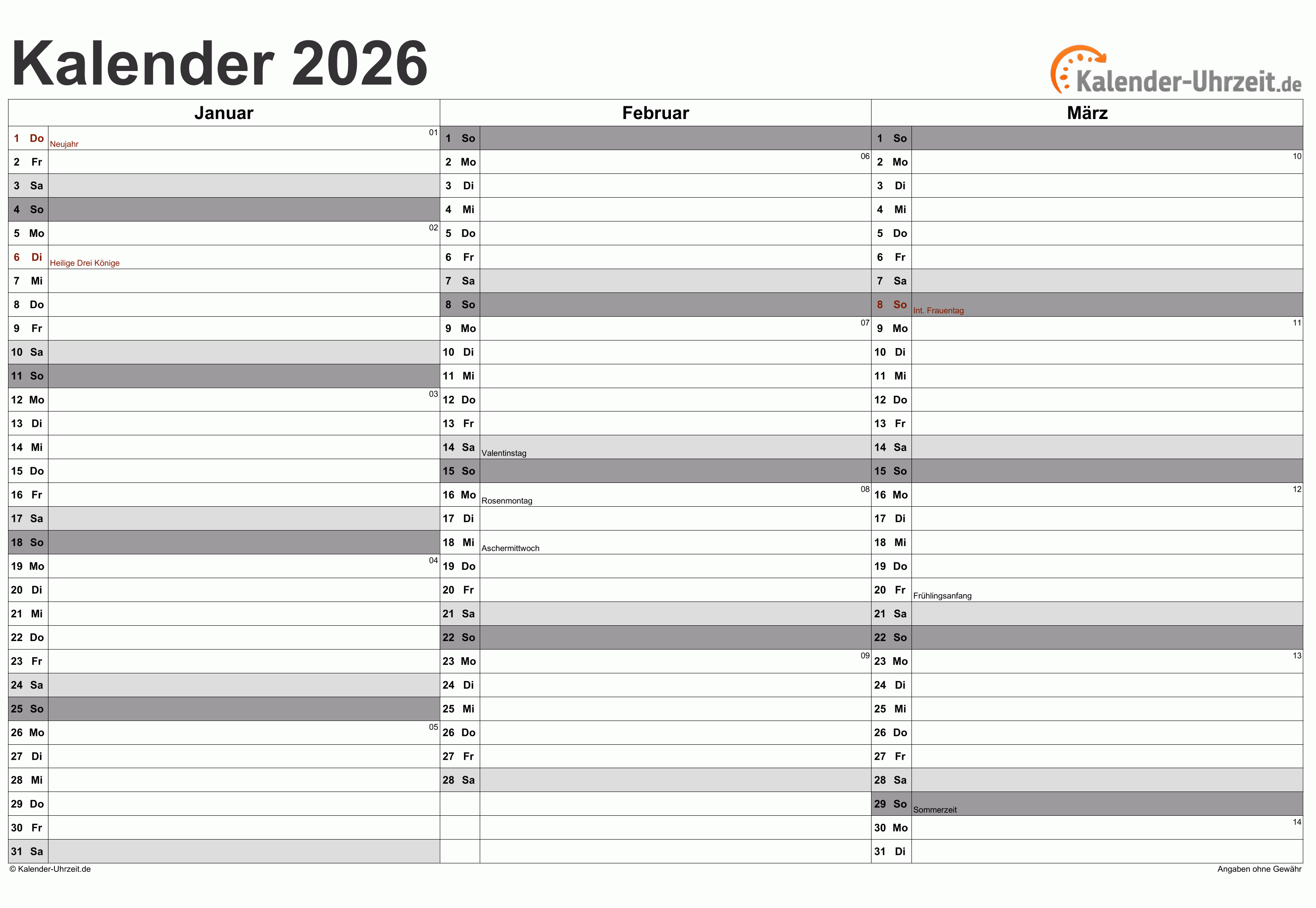  KALENDER 2026 ZUM AUSDRUCKEN - KOSTENLOS Motiv 