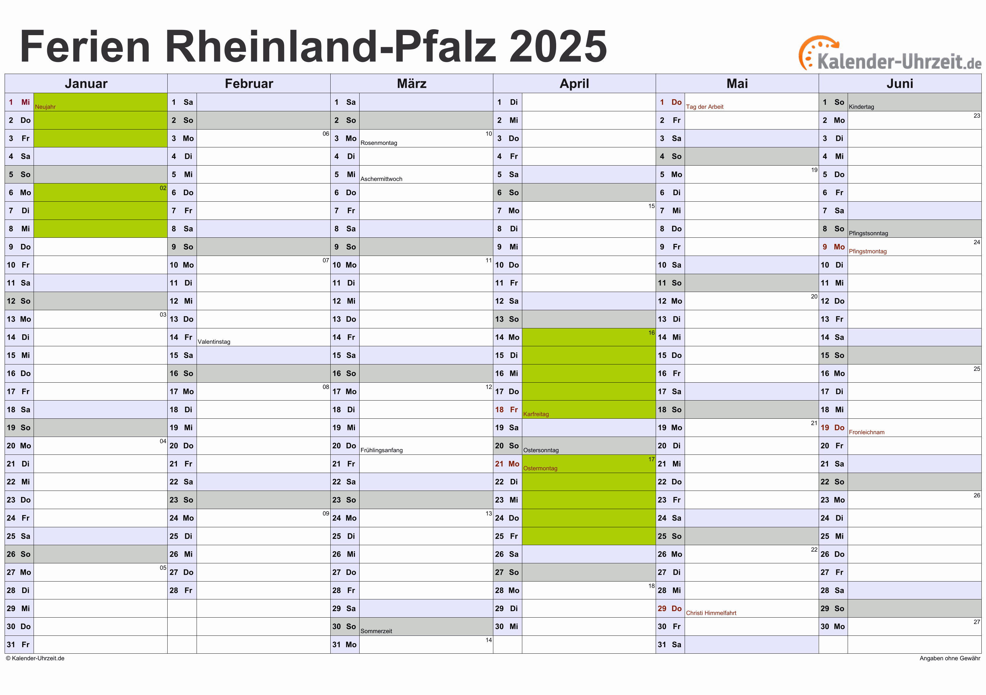  Ferien Rheinland-Pfalz 2025 - Ferienkalender zum Ausdrucken 