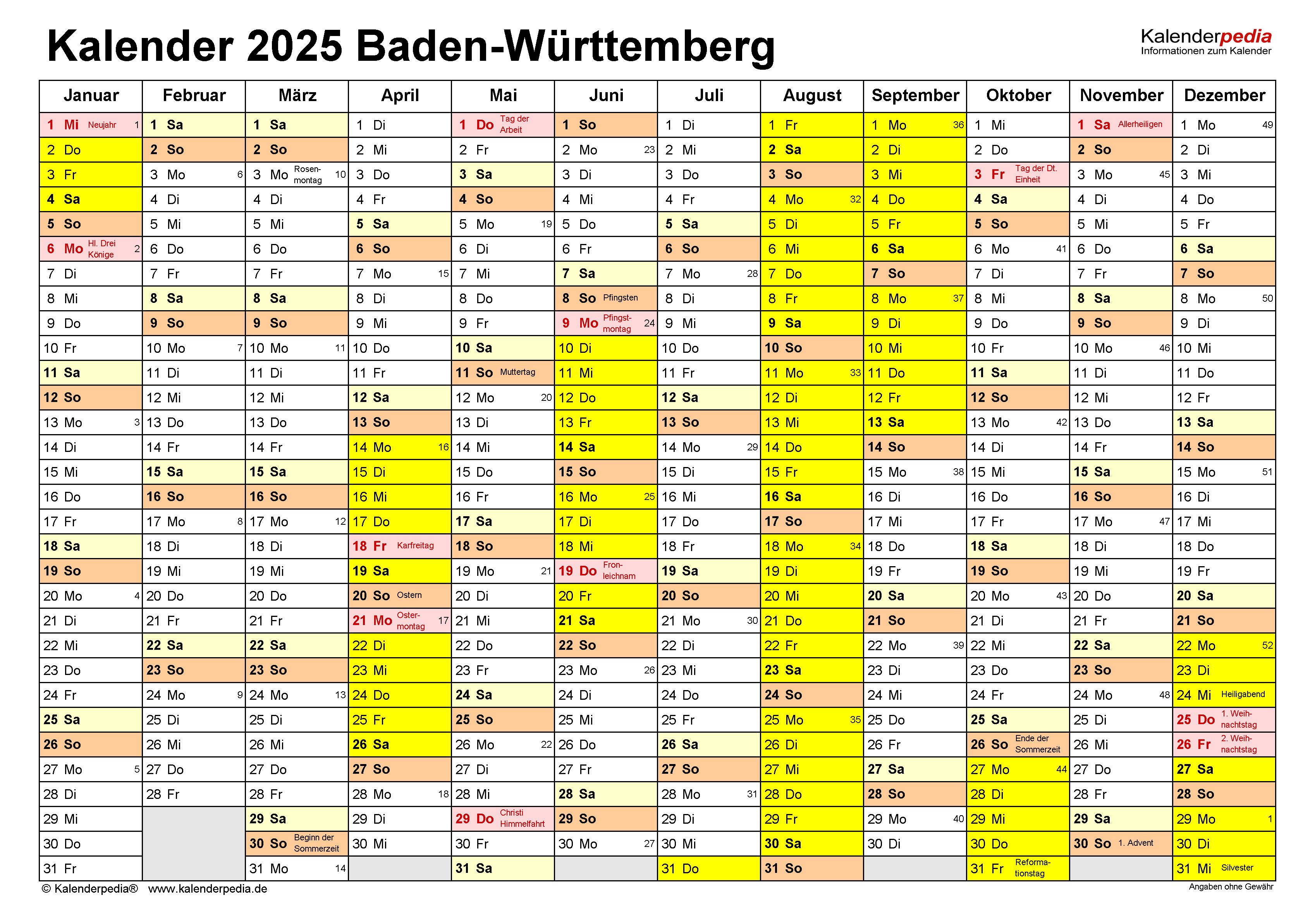  Kalender 2025 Baden-Württemberg: PDF-Vorlagen mit Ferien Motiv 