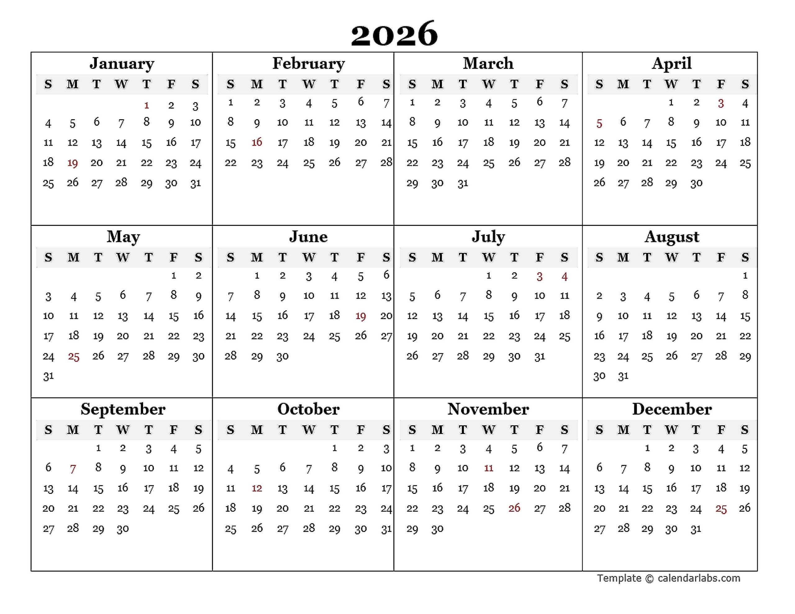 Free 2026 Yearly Calendar Printable