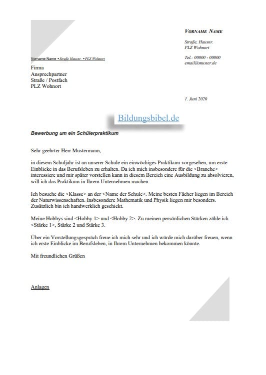  Bewerbung Praktikum Schüler Vorlage, Word & PDF Muster kostenlos Bildidee 