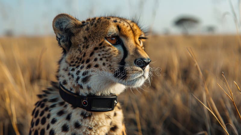 Cheetah Equipped with Tracking Collar Observes Its Surroundings in the