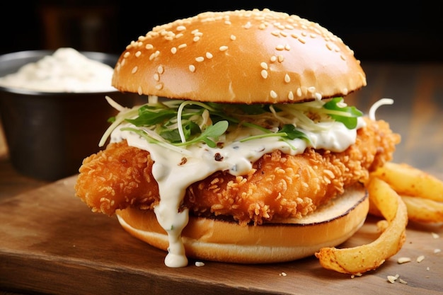 Crispy Fish Burger with Tartar Sauce american cuisine Burger fast food