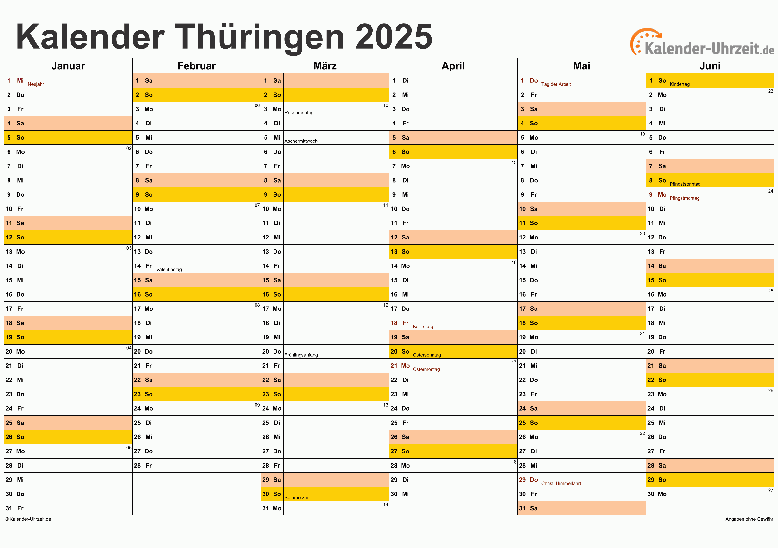  Feiertage 2025 Thüringen + Kalender Illustration 