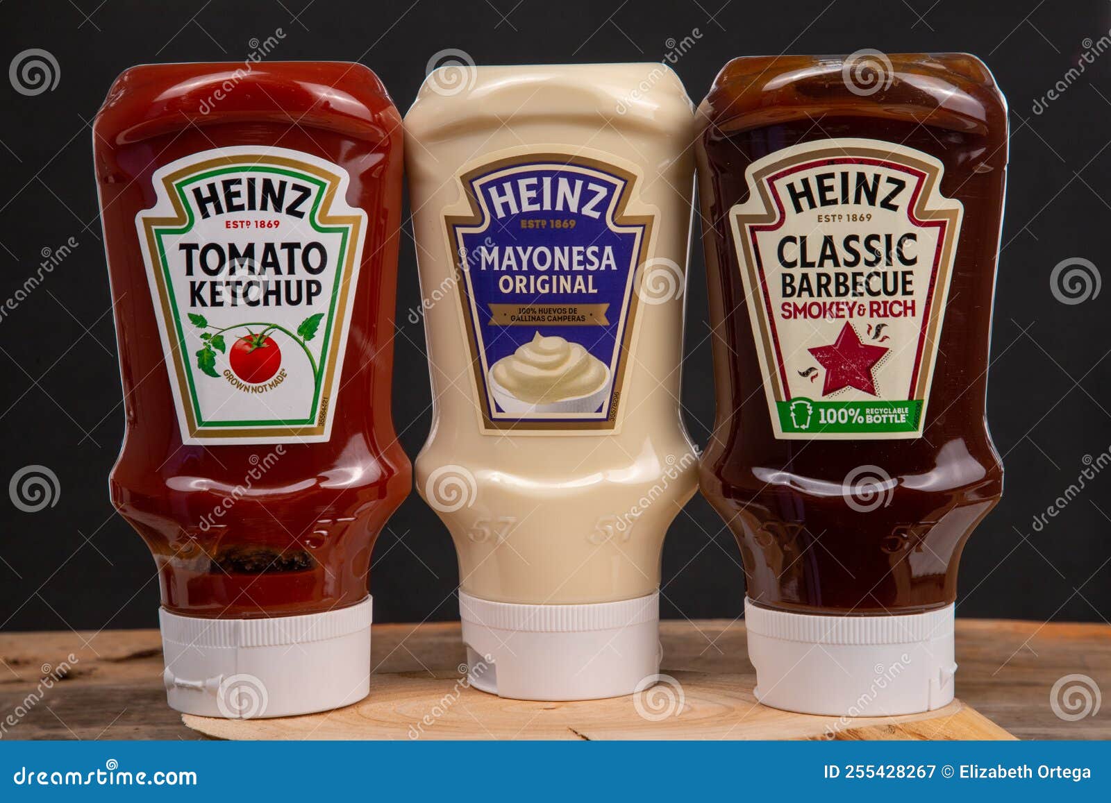 Ketchup, Barbecue Sauce and Mayonnaise, Heinz Brand, Black Background