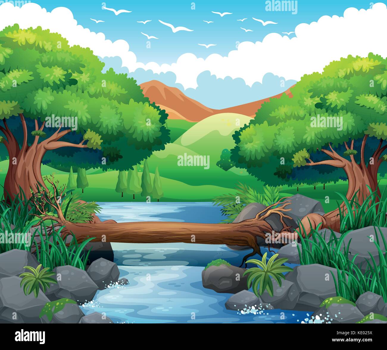 Scene with river through the forest illustration Stock Vector Image