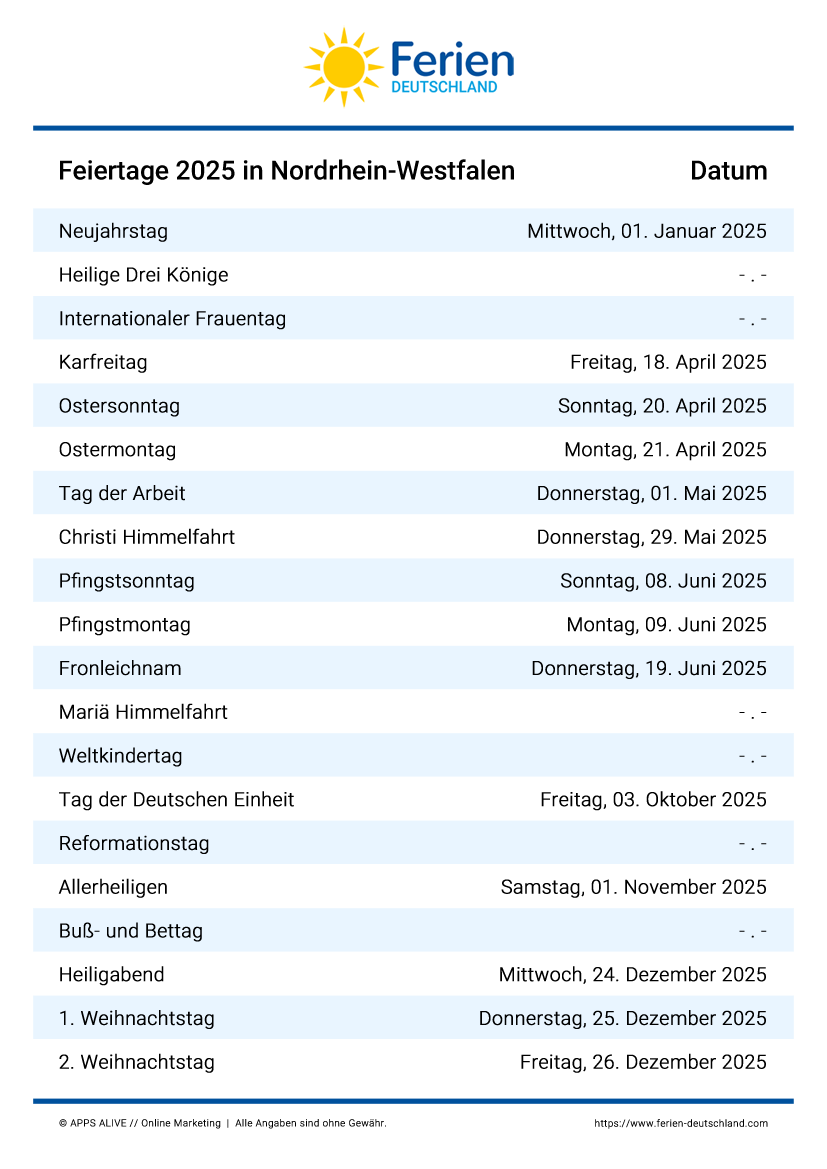  Feiertage NRW Nordrhein-Westfalen 2024, 2025, 2026, 2027, 2028, 2029 Bildidee 