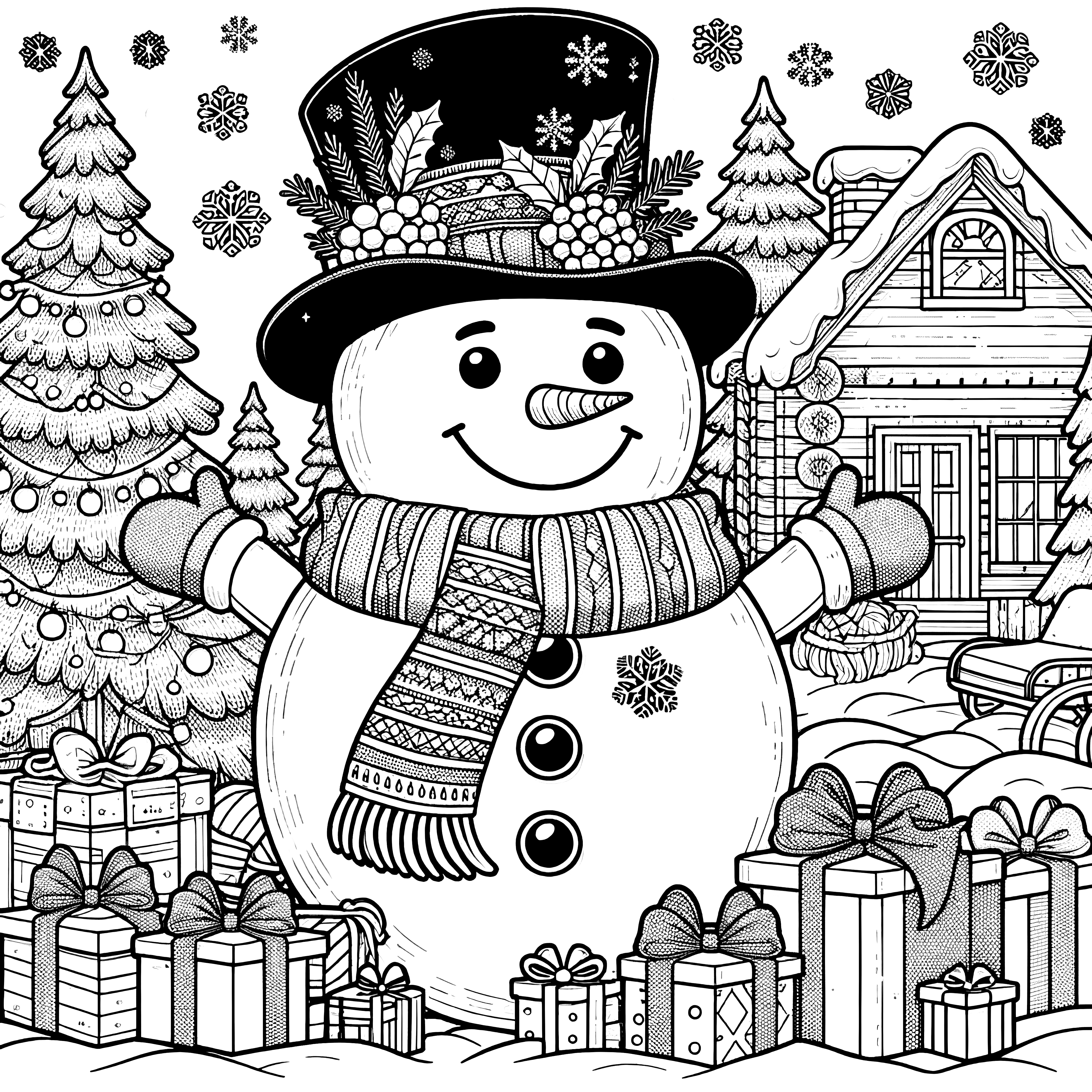  Weihnachtsbild zum Ausmalen: Schneemann mit Geschenken 