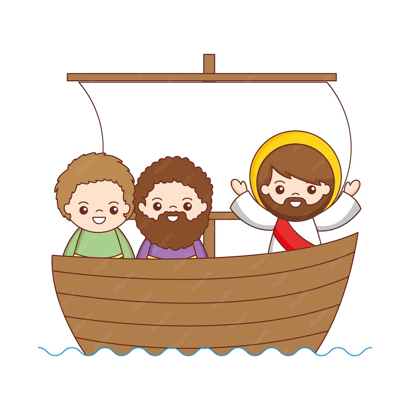 Premium Vector | Jesus with disciples cartoon in the boat. vector