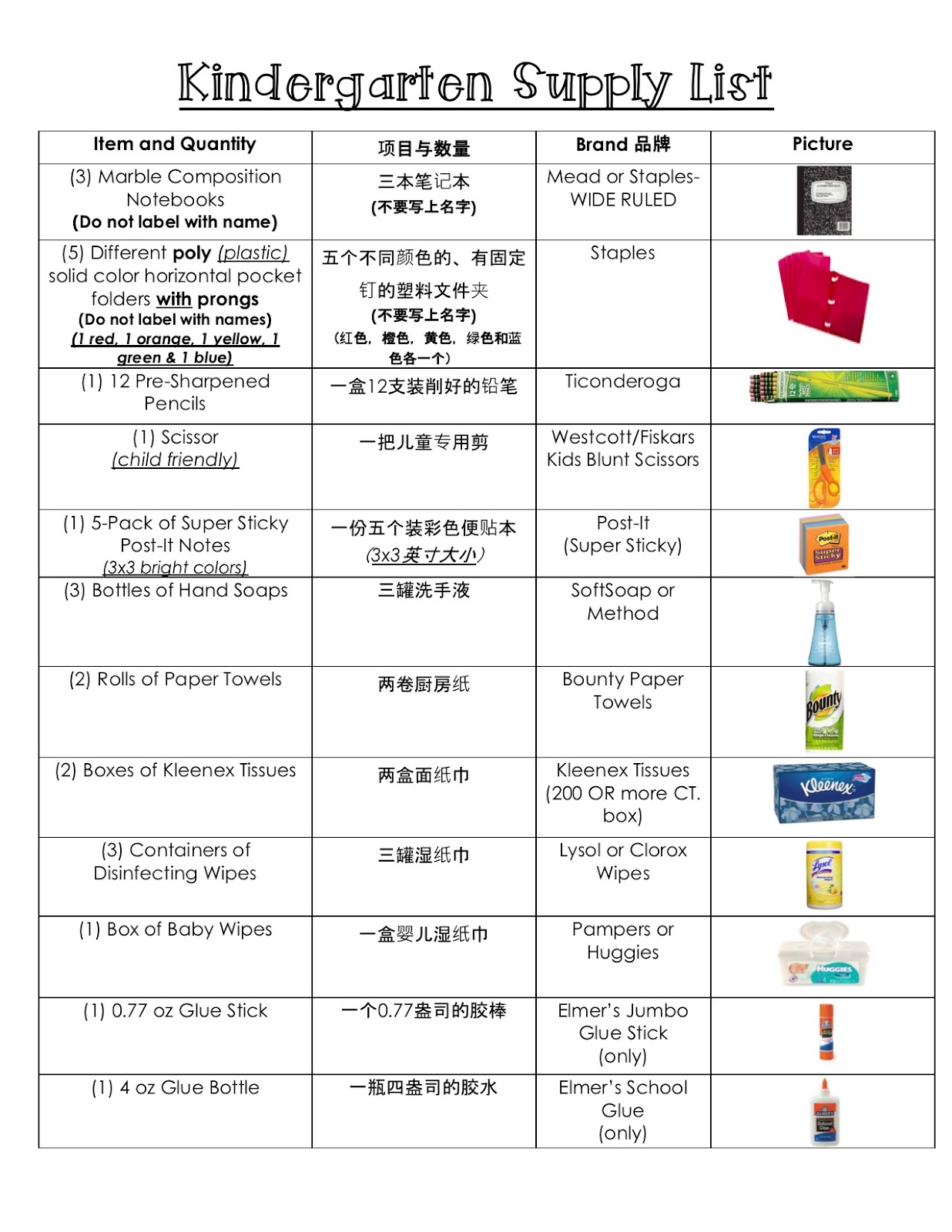  PS 130M Parents Association 一三零小學家長會: Kindergarten Supply List 