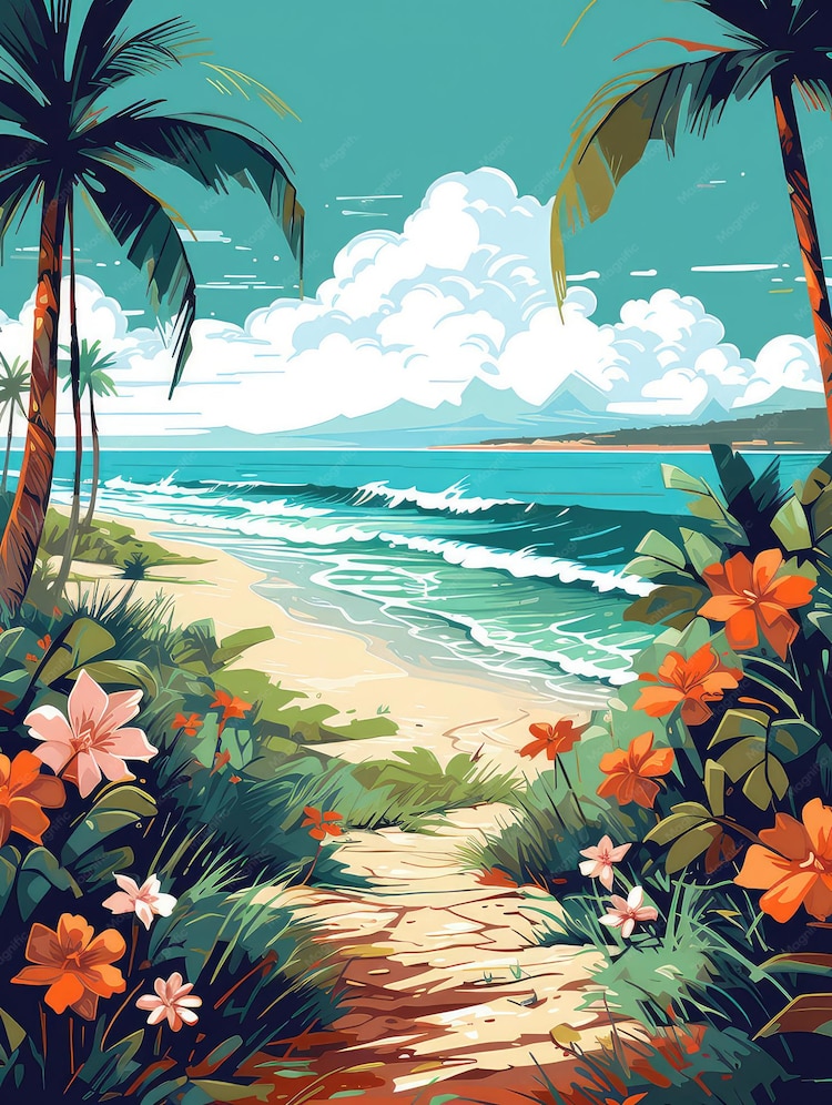 Premium Photo | Summer beach with palm trees and tropical flowers