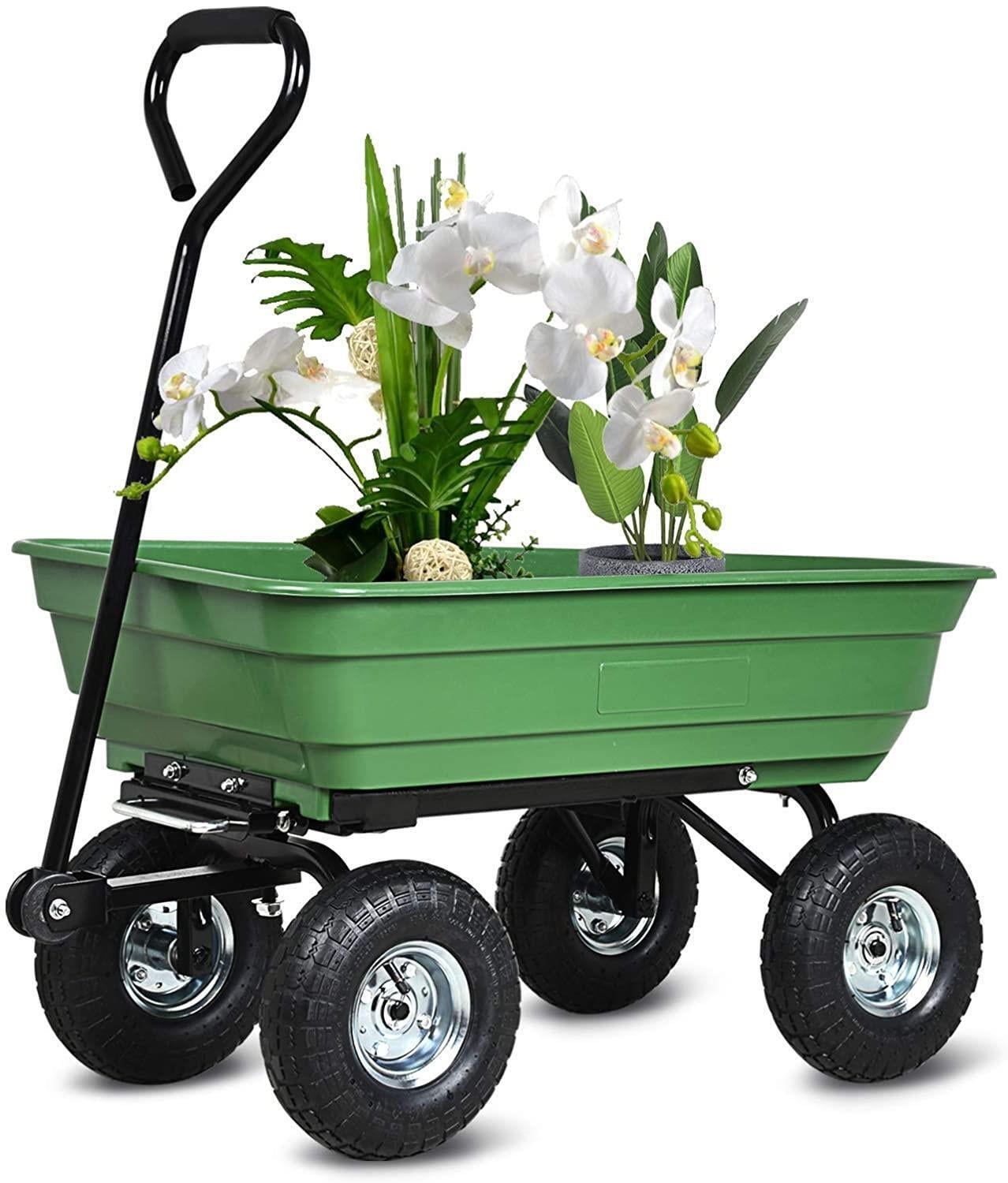 55L Green Garden Cart, Heavy-Duty 4-Wheel Lawn Yard Pull Behind Wagon