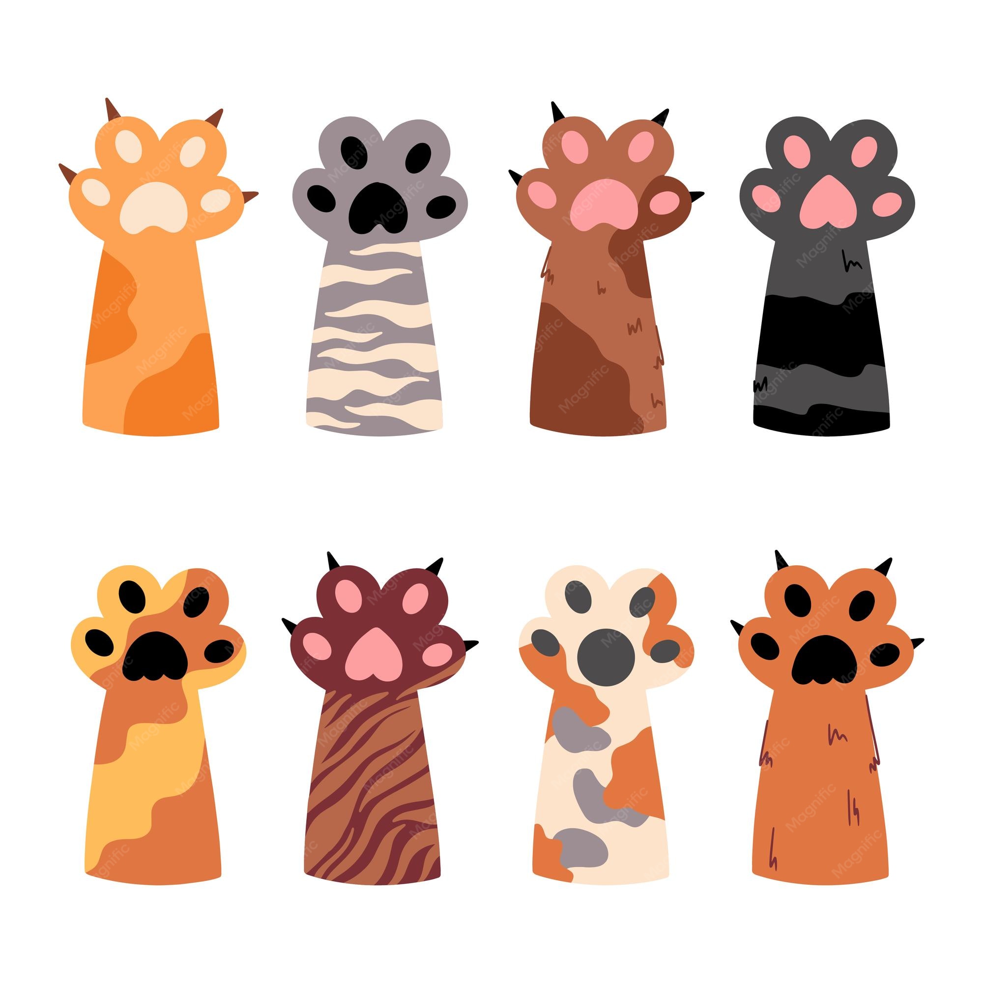 Premium Vector | A collection of colored paws of a cat various cartoon