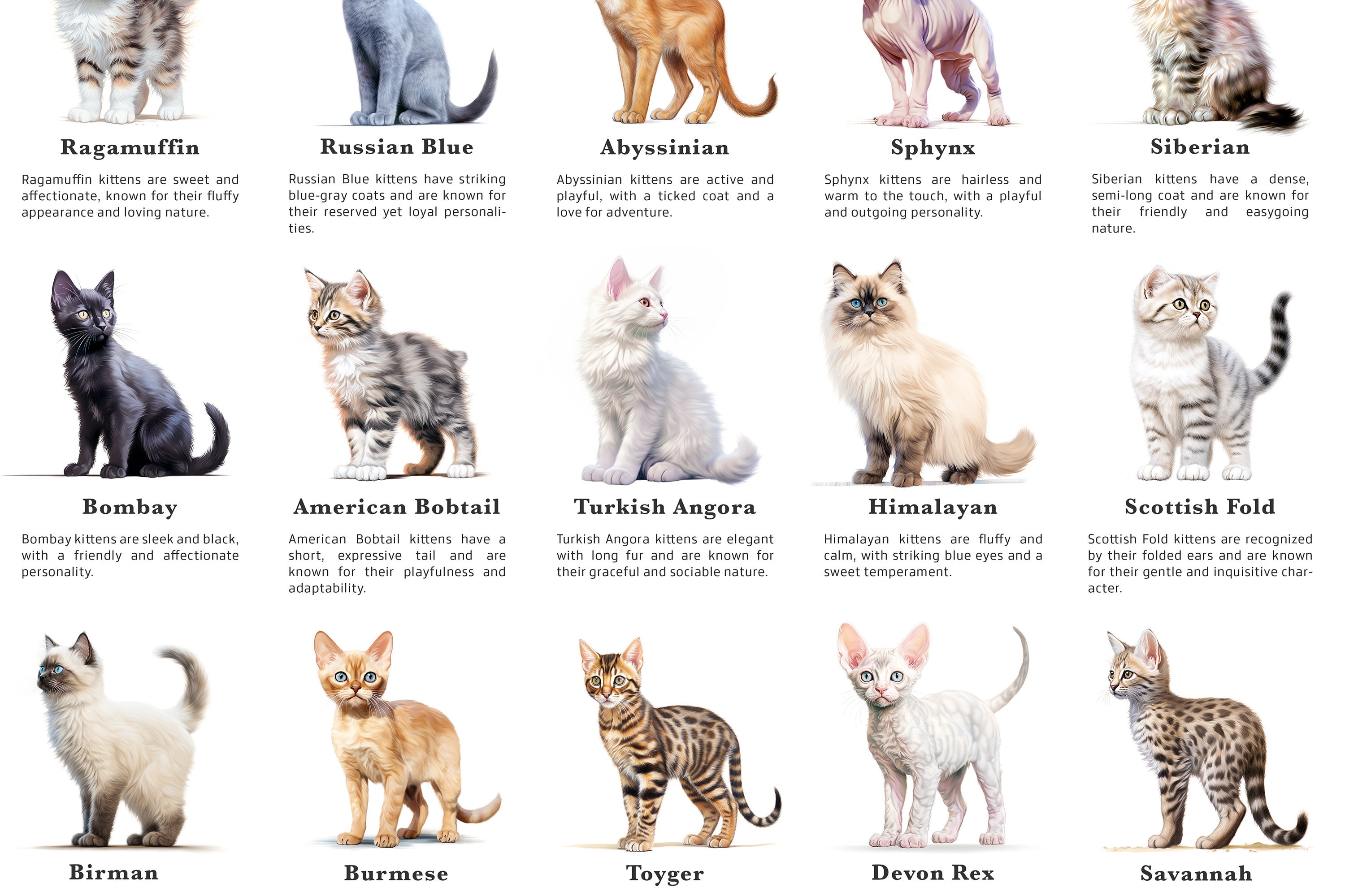 25 Popular Cat Breeds as Kittens, Kittens Breeds Print, Cats Poster